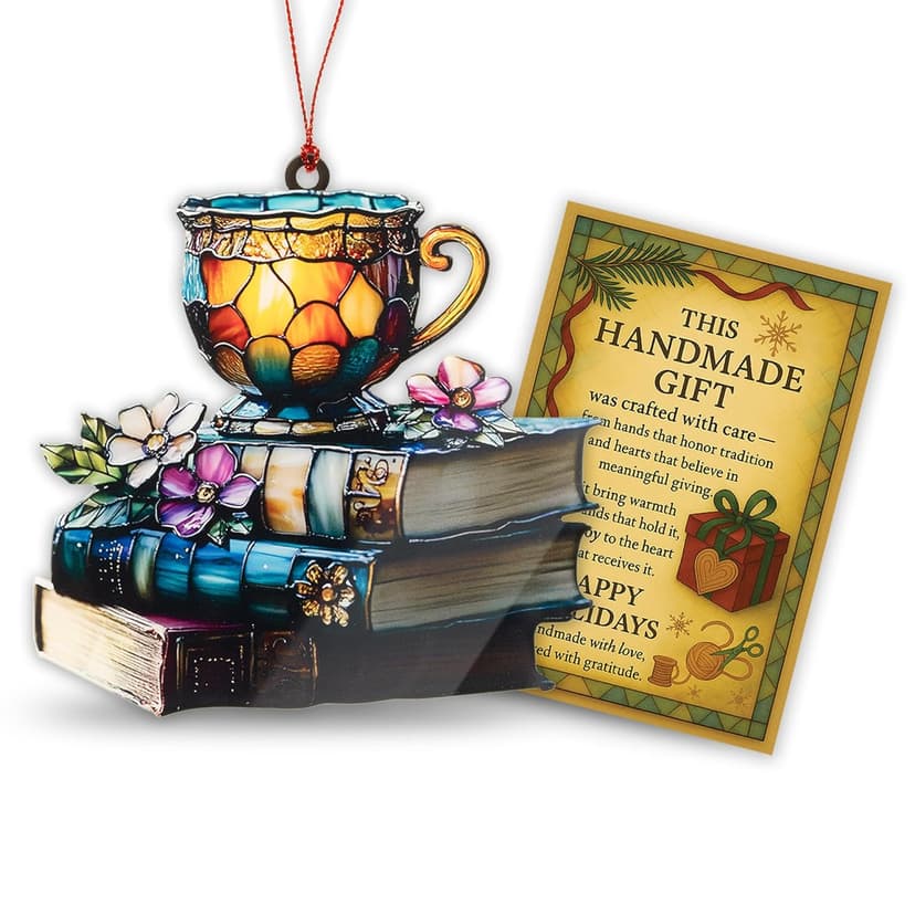 Book Ornament, Tea Books Floral Acrylic Suncatcher, Book Lover Gifts for Women, Christmas Ornaments for Tree, Gift for Readers Friends Coworker, Hanging Literary Decor, Holiday Ornaments