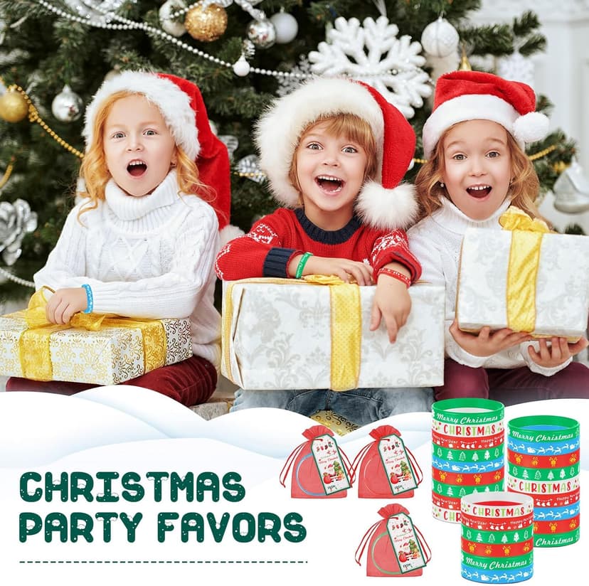 Liliful 72 Pcs Christmas Gifts 24 Set Christmas Students Gifts, Xmas Silicone Wristbands with Gift Label Tags and Organza Bags for Kids Stocking Stuffers Classroom Gift Party Favors(Merry Style)