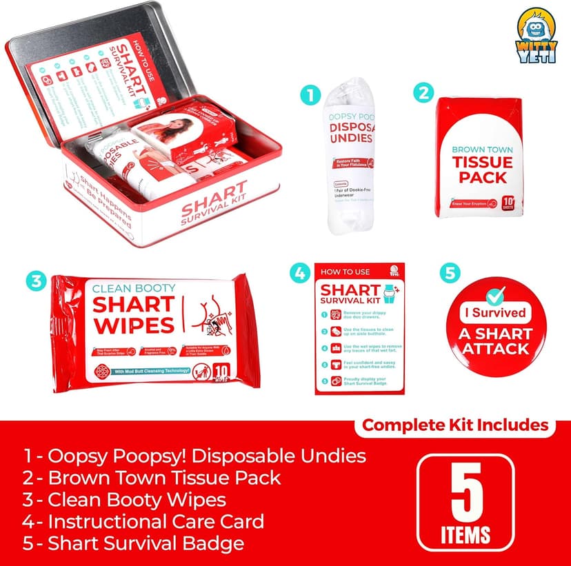 Funny Shart Survival Kit by Witty Yeti. Ultimate Poop Prank Gag Gift Set Contains Wet Wipes, Disposable Underwear, Tissues and Hilarious Badge. Novelty Fart Potty Pack Great for Friends or Family