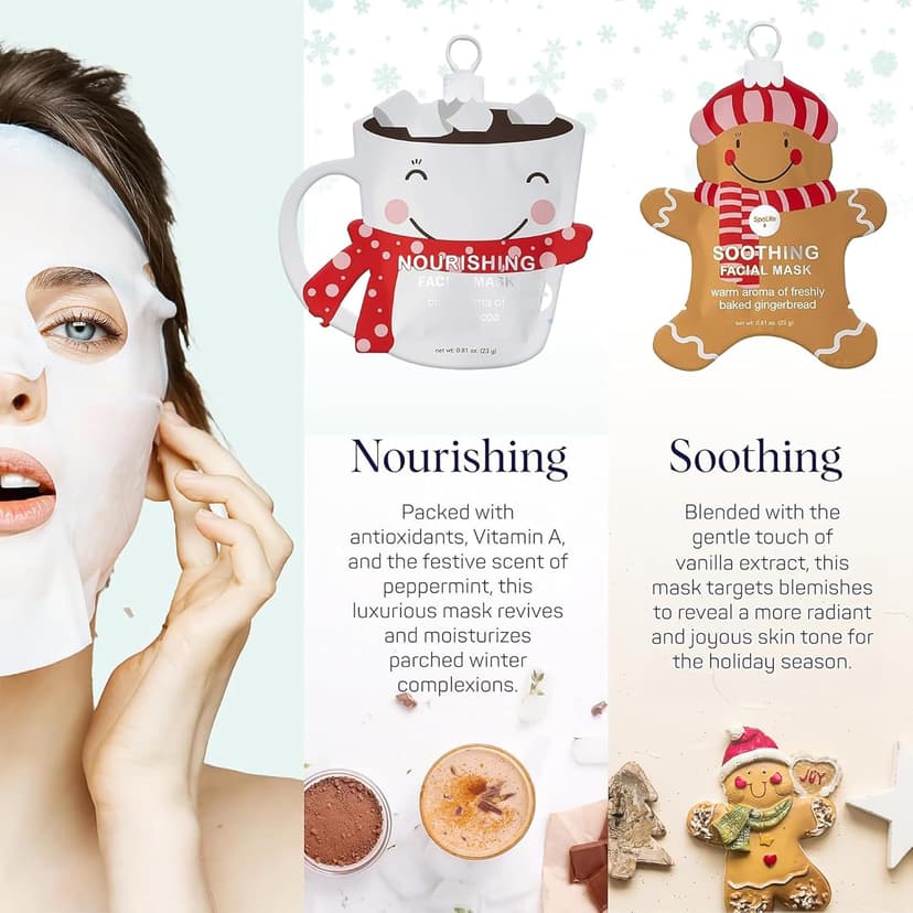 SpaLife Holiday Treats Facial Masks 12-Pack Assorted - Festive Christmas Skincare for Hydration and Refreshment - Gingerbread, Sundae, Cocoa & Eggnog