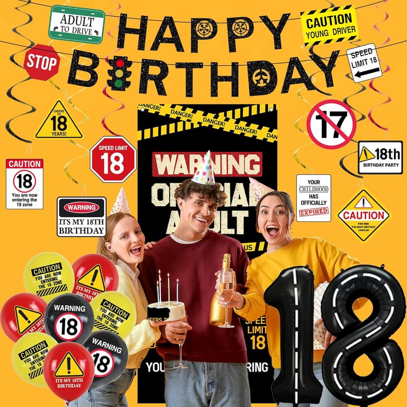 Roetyce 18th Birthday Decorations for Boys Girls, Caution Logos Happy 18th Birthday Banner Backdrop Balloons Hanging Swirls Kit, 18 Years Old Party Yard Door Wall Cover Background
