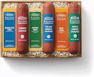 The Wisconsin Cheeseman 6-Piece Meat & Cheese Collection – Summer Sausage Meats and Cheeses Gift Basket for Adults, Women & Men – Holiday Charcuterie Board, Thank You Gifts