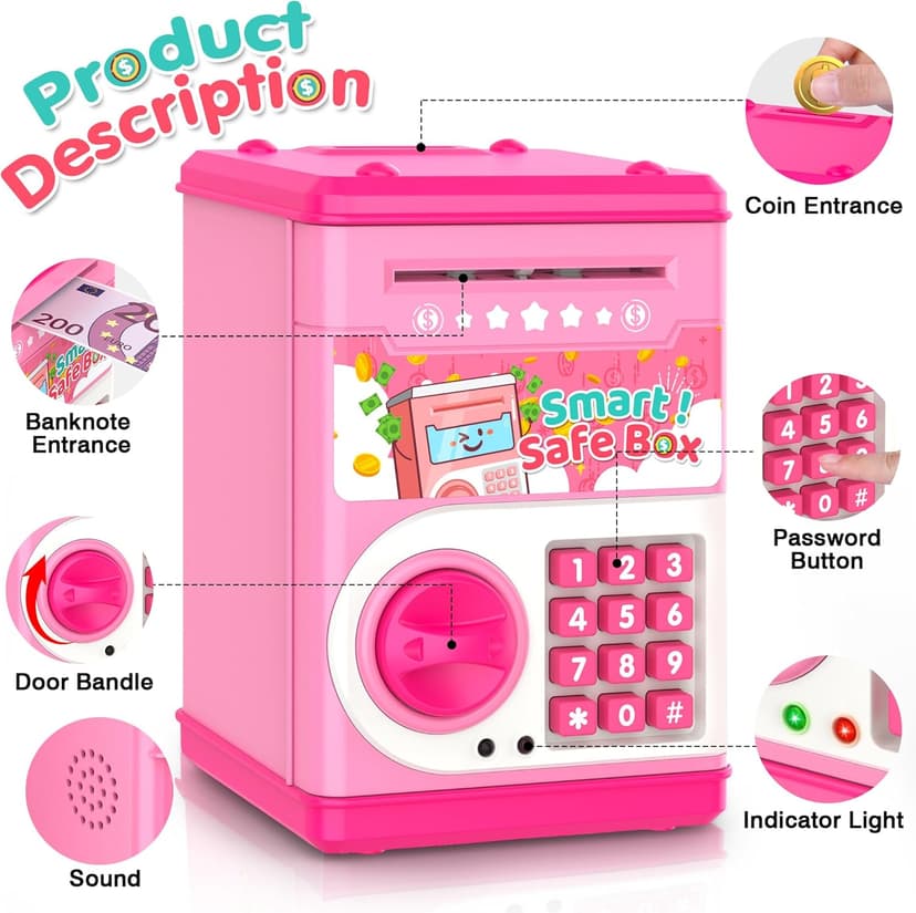 Pink Piggy Bank for Kids with Password Code Lock and Auto Grab Bill Slot, PhilaeEC Real Money Cash Coin Can Saving Box Electronic Money Safe Bank, Hot Gift for 4 7 8 9 10 11 Year Old Boys Girls