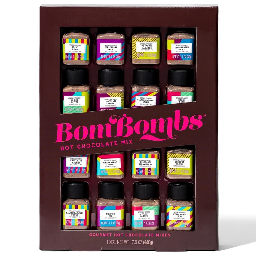 BomBombs, Hot Chocolate Mix Gift Set in Mini Bottles, Flavors Include Rocky Road, Pumpkin Pie, Chocolate Cherry, Peppermint Swirl, Salted Caramel Donut & More, Sampler Set of 16