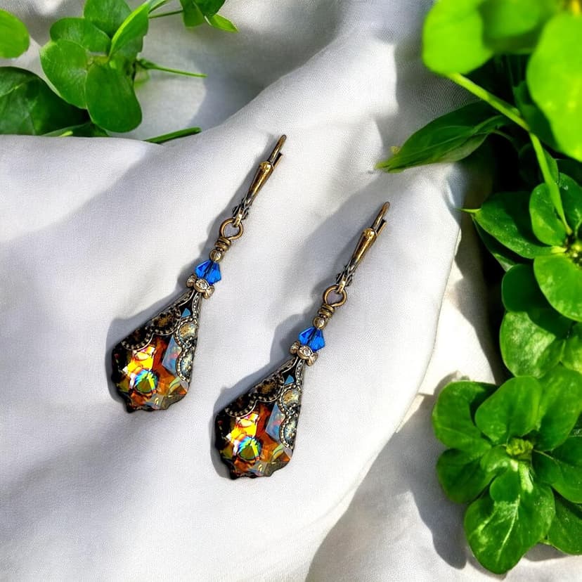 HisJewelsCreations Antique Inspired Vintage Victorian Dangle Drop Earrings for Women - Colored Austrian Crystal Leverback Earrings - Jewelry Gift for Her