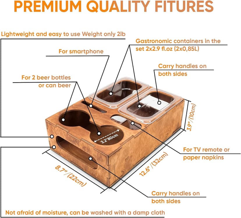 Wood Beer Box - Gift for Beer Lovers, Dad, Man, Him, Boyfriend- Drink Box Snacks Tray- Table Stand Caddy with slots for glasses, chips, nuts- Couch Organizer for Beverages, Remote Control, Phone stand