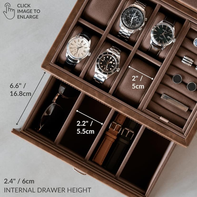 TAWBURY 6 Slot Watch Box for Men - Luxury Watch Jewelry Box for Men with Storage for Sunglasses, Cufflinks | Men's Jewelry Box with Watch Storage | Watch Display Case (Brown)