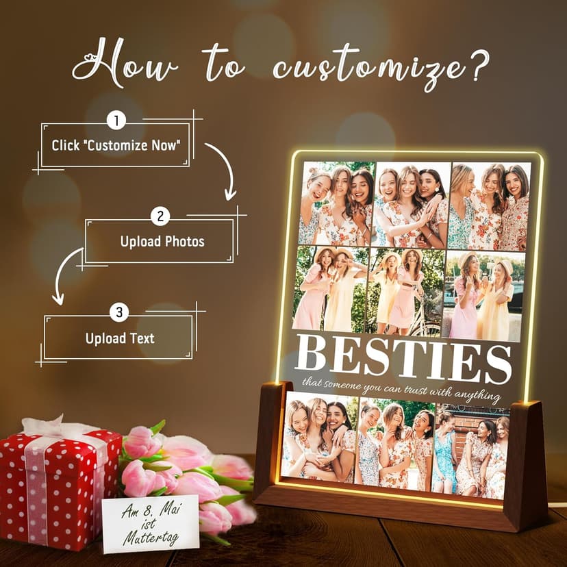 Personalized Best Friend Birthday Gifts for Women, Custom Acrylic Plaque Printed Walnut Picture Frame With LED Night Light, Personalized Christmas Gifts for Friendship, Friend, Women, Besties, BFF