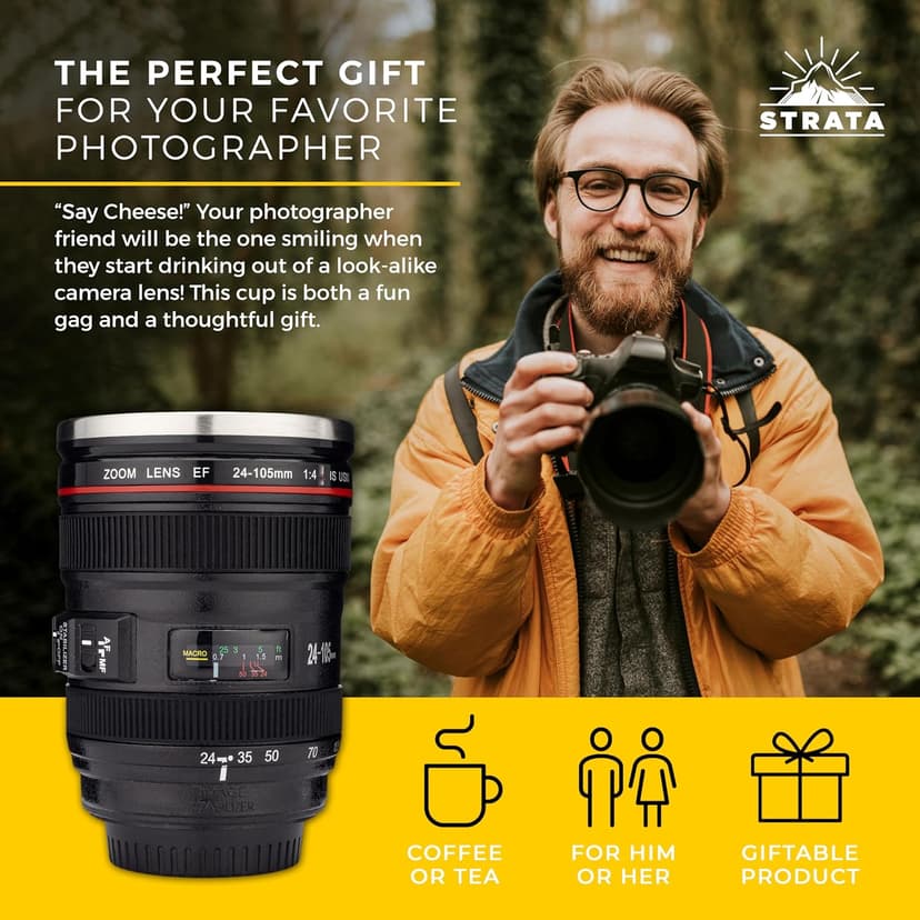 STRATA CUPS Camera Lens Coffee Mug -13.5oz | (2 LIDS + SPOON + BAG) Gift for Him, Dad Gifts, Photography, Camera accessories, Novelty Gifts