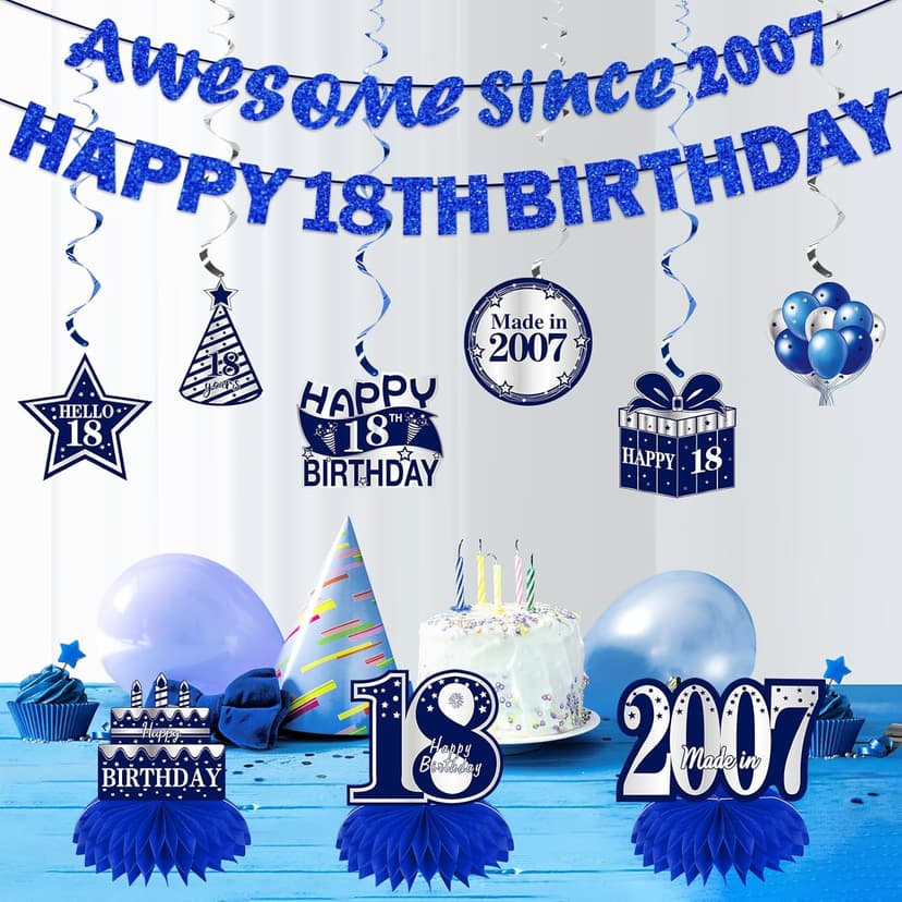 11Pcs 18th Birthday Decorations Kit for Boys Men, Blue Sliver Happy 18th Birthday Banner, Awesome Since 2007 Centerpieces Swirls Party Supplies, Eighteen Bday Banner Ceiling Table Topper Sign