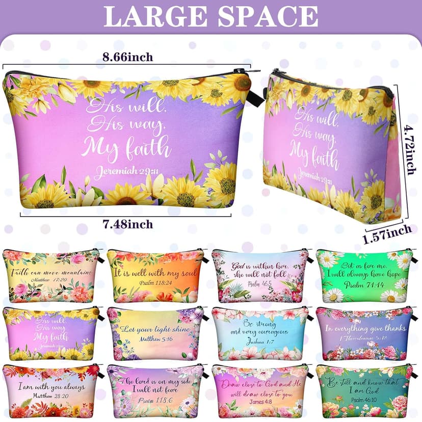 Chunful 12 Pcs Inspirational Christian Gifts Religious Makeup Bags Bulk for Women Bible Verse Flower Cosmetic Bag Thanksgiving Christmas Gift for Church Ladies, 7.48 x 4.72 Inch(Stylish)