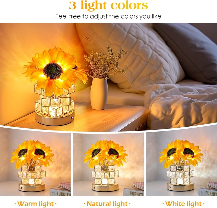 Sunflowers Flower Lamp,Rechargeable Cordless Touch Table Lamp,3-Colour Infinitely Dimming Small Night Light,Festival Restaurant Bedroom Bar Coffee Shop Birthday Gifts for Women Mom