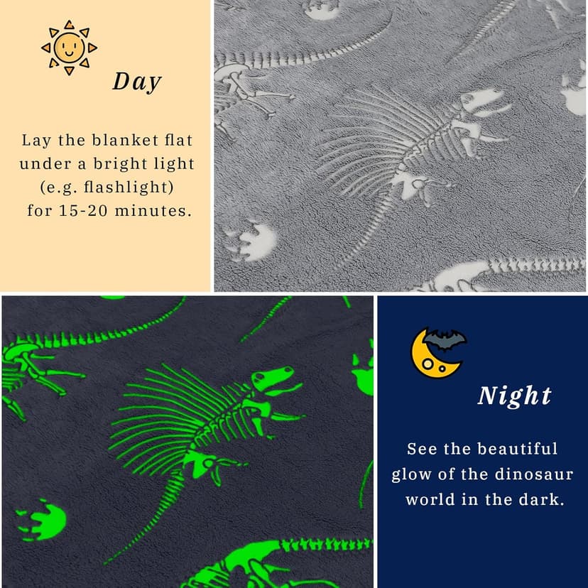 Glow in The Dark Blanket Dinosaur Throw Blanket for Boys Kids Soft Warm Cozy Cute Dino Blanket Unique Dinosaurs Toys Gifts Gray Glowing Dinosaur Room Decor Blankets for Girls Teens 50"x60"