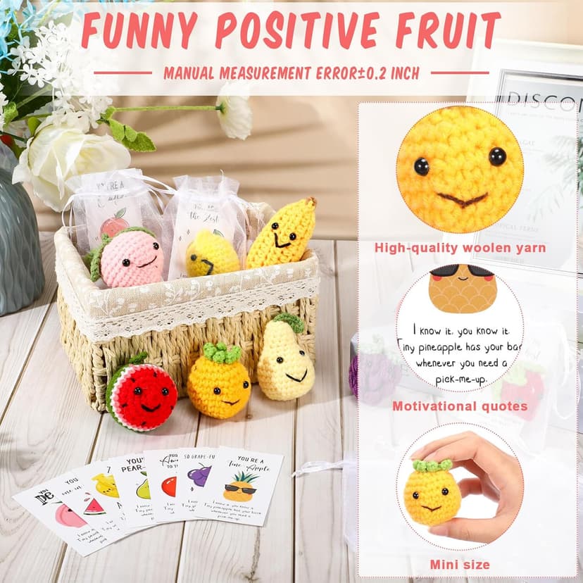 Shappy 10 Sets Inspirational Positive Fruit Toy Gift Cute Funny Wool Knitted Fruit Mini Employee Appreciation Gift Motivational Pun Card Organza Bag Classroom Team Vacation Party Favor for Student