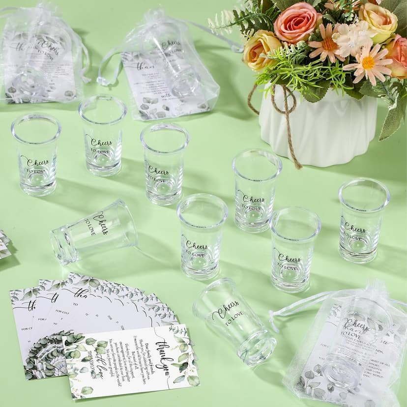 Uiifan 50 Sets Wedding Favors for Guests Wedding Shot Glasses Acrylic Clear Plastic Shot Glasses with Thank You Cards and Organza Bags for Guest Newlyweds Bridal Shower Gift (Cheers to Love)