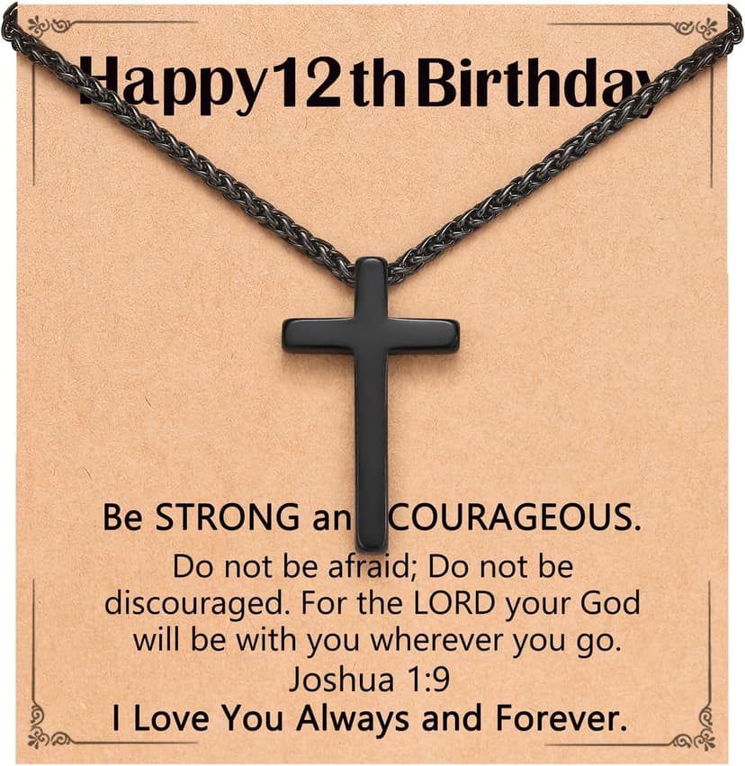 Happy Birthday Gifts for Boys 8-18 Years Old, Black Cross Necklace with Bible Verse Joshua 1:9 for Son, Grandson, Nephew, Friend