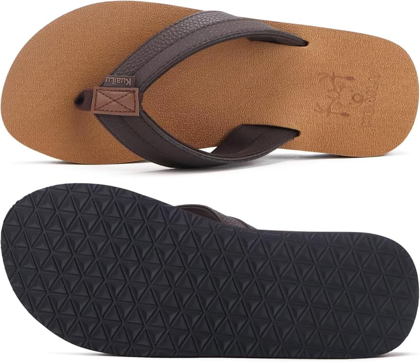 KuaiLu Men's Yoga Mat Leather Flip Flops with Arch Support Comfortable Cushion Walking Thong Sandals Slip On Indoor Outdoor