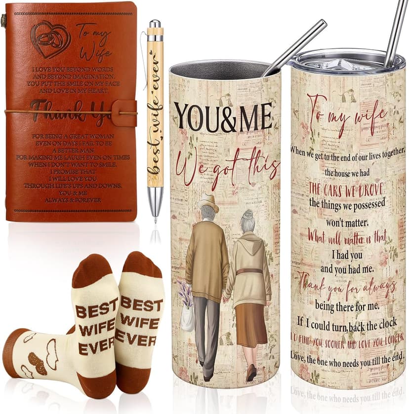 Skylety 4 Pcs to My Wife Gifts Set Leather Journal Stainless Steel Tumbler 20oz Best Wife Pen Socks Anniversary Wedding Christmas Gifts