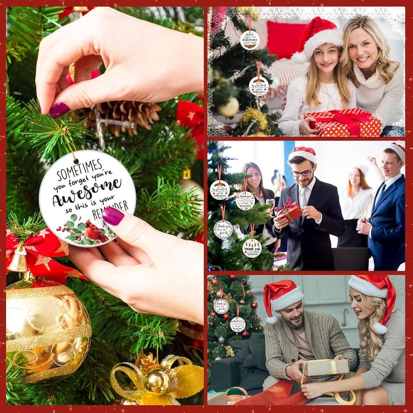 Barydat 12 Pcs Christmas Ornaments Employee Appreciation Gifts Bulk for Coworkers, Christmas Tree Ceramic Plaque Hanging Ornaments with Rope for Xmas Thanksgiving Teachers Nurses Gifts (Classic)