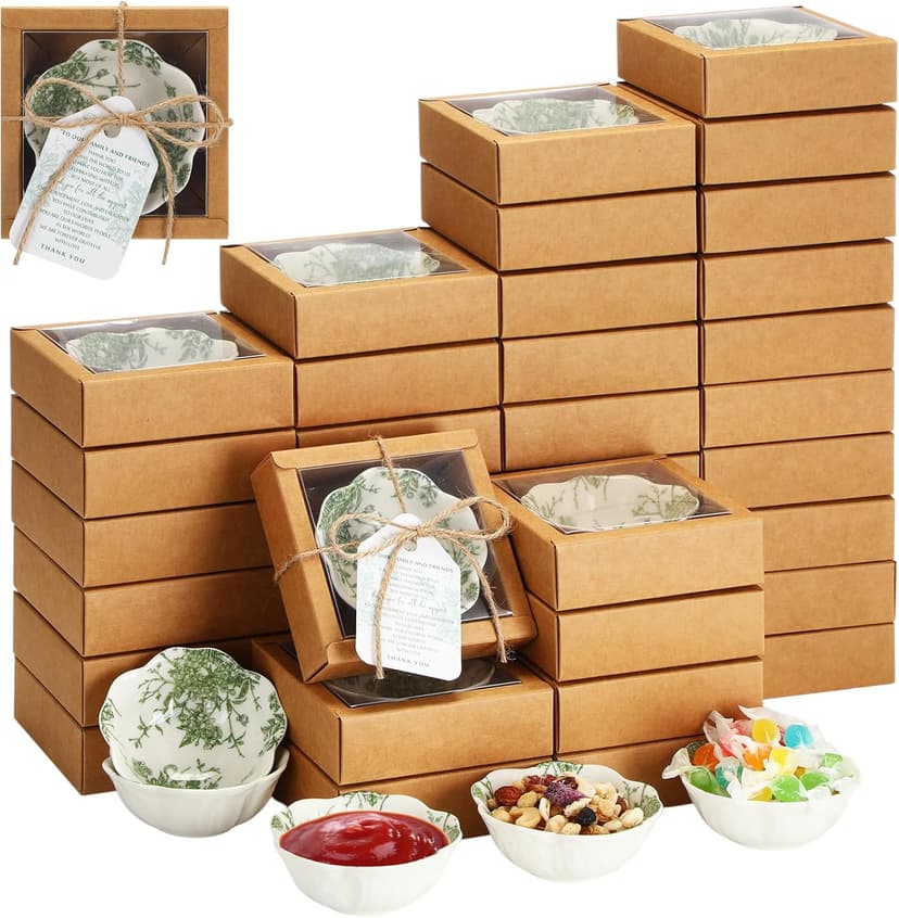 40 Pack Wedding Favors for Guests Small Ceramic Bowls Bulk Gifts Set 3.3 Inch Green Verdure Design Mini Dipping Bowl Sauce Dish with Cards Box for Party Shower Favor Souvenir