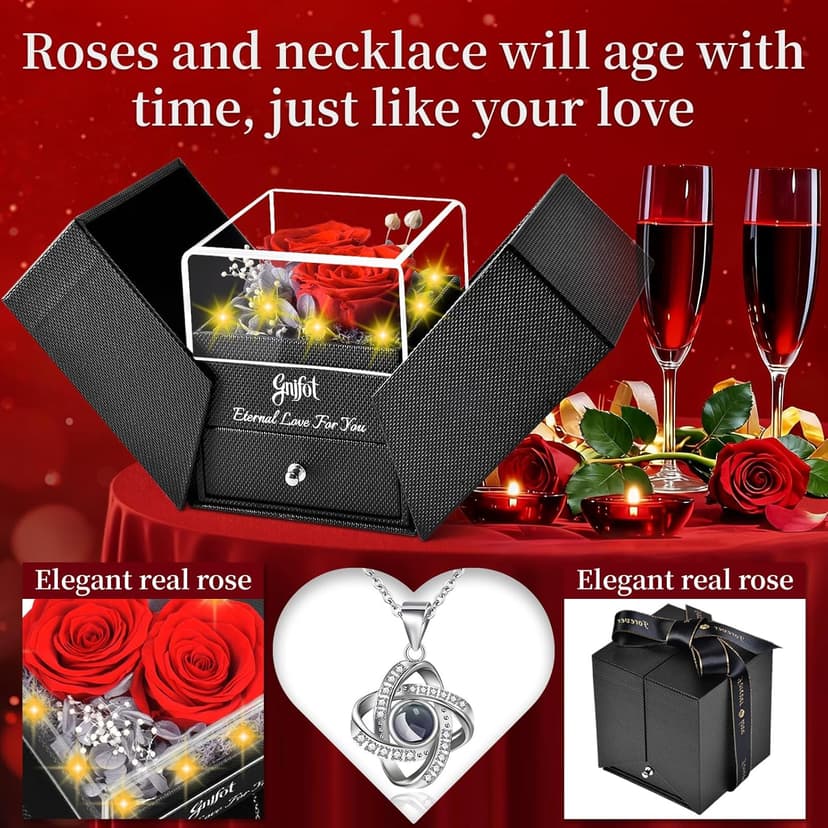 2 Preserved Rose Gift for Women - Eternal Rose with I Love You Necklace - Romantic Birthday Gifts for Girlfriend Mom Her Wife Grandma on Valentines Mothers Day Anniversary Christmas-Red