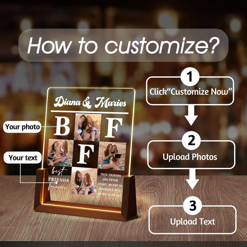 Personalized Best Friend Birthday Gifts for Women, Unique Friendship Gifts, Custom Acrylic Night Light Friend Picture Frame with Photo Name, Long Distance BFF Sister Bestie Christmas Gift