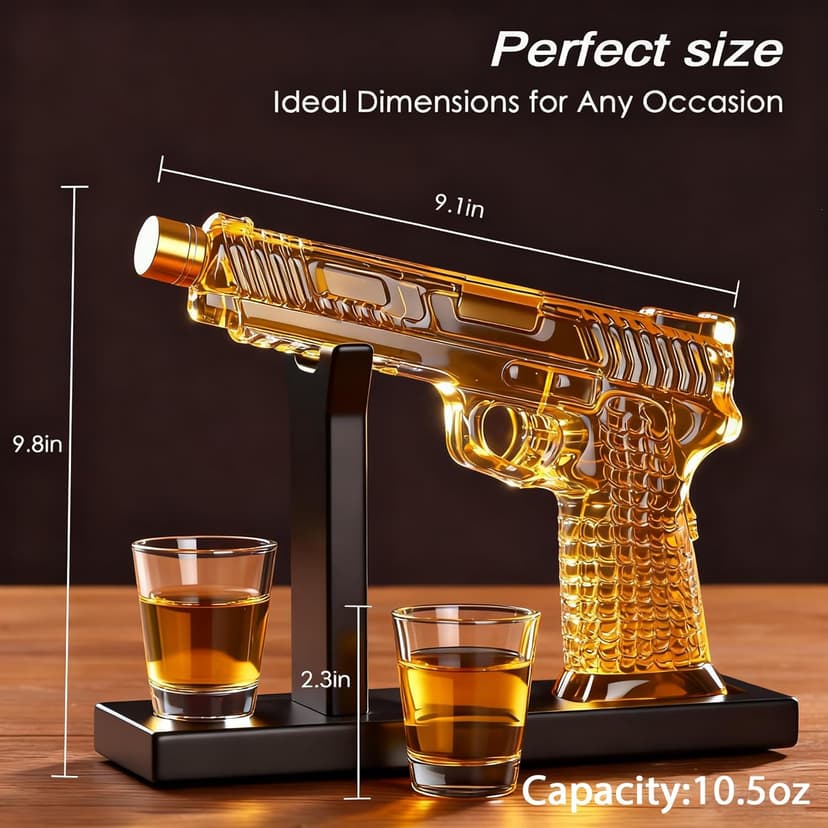 Whiskey Decanter Sets for Men, 10.5oz Handcrafted Gun Decanter Set with Shot Glass, Unique Christmas Gift Idea for Dad, Husband, Boyfriend, Brother, Gun Liquor Dispenser Fun Conversation Starter