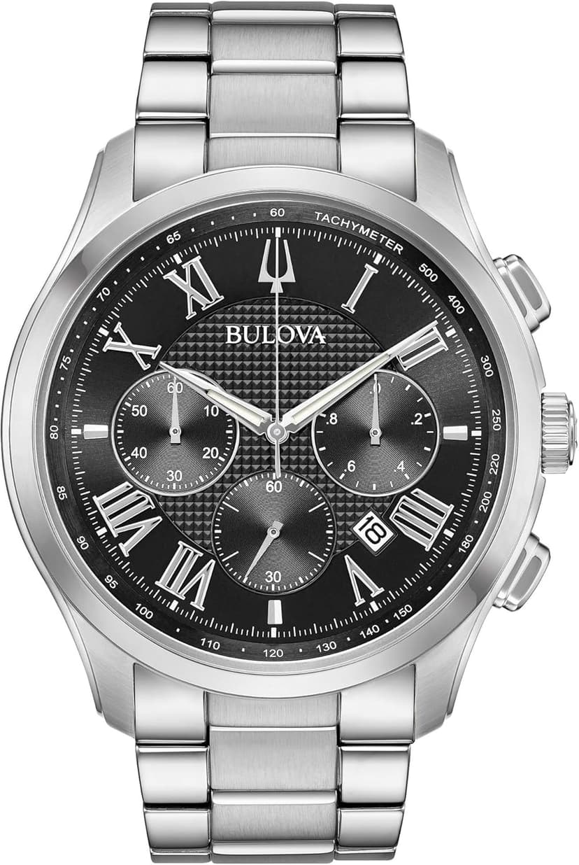 Bulova Men's Classic Wilton 3-Hand Chronograph, Luminous Hands, Roman Numeral Markers Domed Mineral Crystal, 43mm, Stainless Steel/Black Dial
