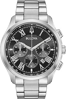 Bulova Men's Classic Wilton 3-Hand Chronograph, Luminous Hands, Roman Numeral Markers Domed Mineral Crystal, 43mm, Stainless Steel/Black Dial