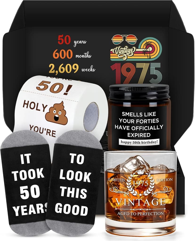 50th Birthday Gifts for Him Cool Gifts for 50 Year Old Man Happy 50th Birthday Decorations for Men Vintage 1975 Wine GlassToilet Paper Roll Novelty Socks Funny 50 Year Old Gift ideas for Mens