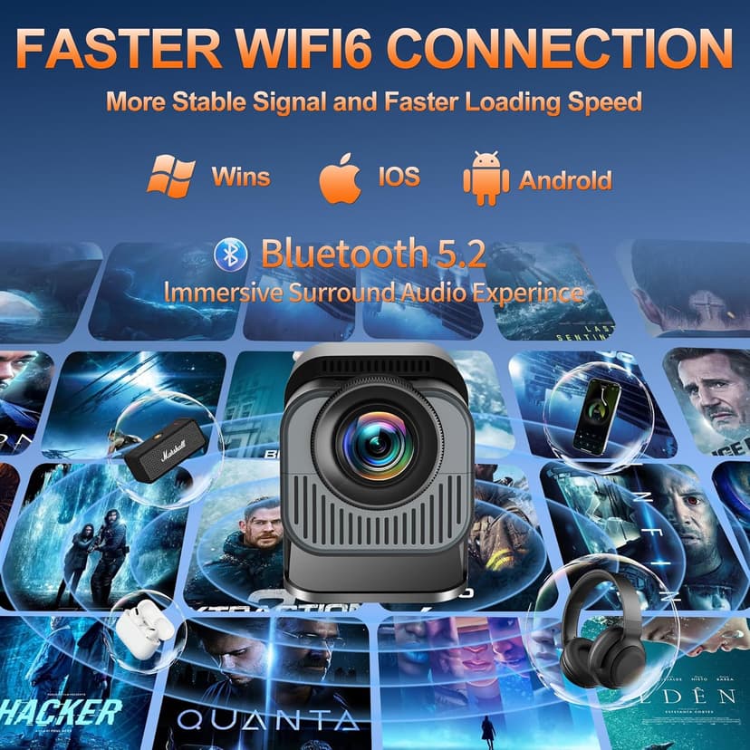 【Built-in Apps】Projector 1080P Full HD, 4K Projector with 270° Rotation,Portable Projector WiFi 6 & Bluetooth 5.2 Support,Featuring Auto Keystone Correction,HDMI/USB Connectivity Projector Black