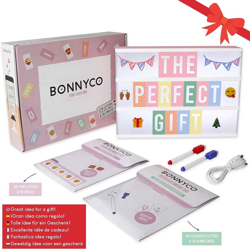 Pink Cinema Light Box with 400 Letters, Emojis, 2 Markers - BONNYCO | Led Light Box Home Office & Room Decor | Cinema Led Sign Letters Board Gifts for Women and Girls Christmas Birthdays | Pink Decor