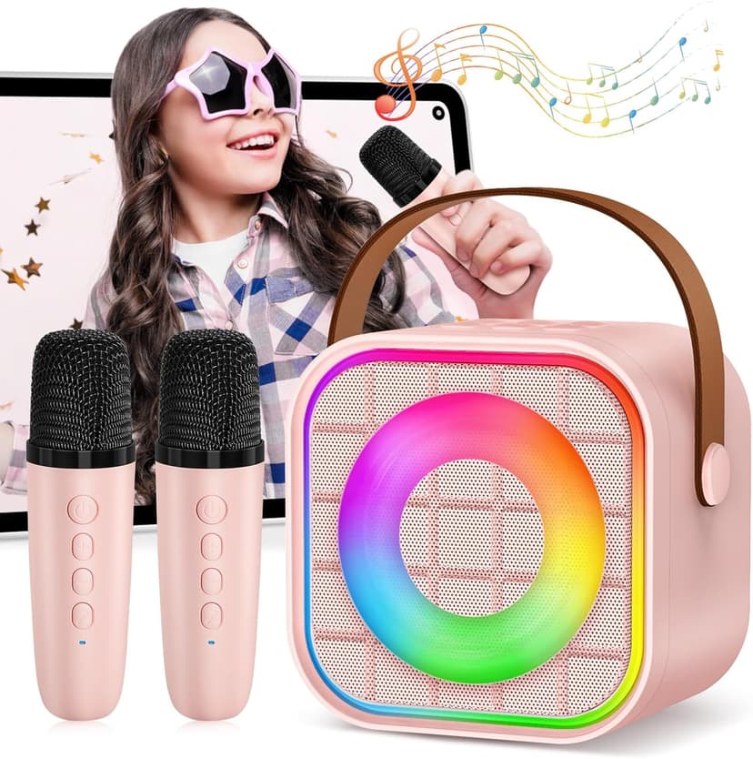 Mini Karaoke Machine with 2 Wireless Microphone, Portable Pink Bluetooth Speaker for Kids Adult, Birthday Teen Toys Gifts Ideas for Girls Ages 4 5 6 7 8 9 10 11 12+ Year Old, Family Home Party