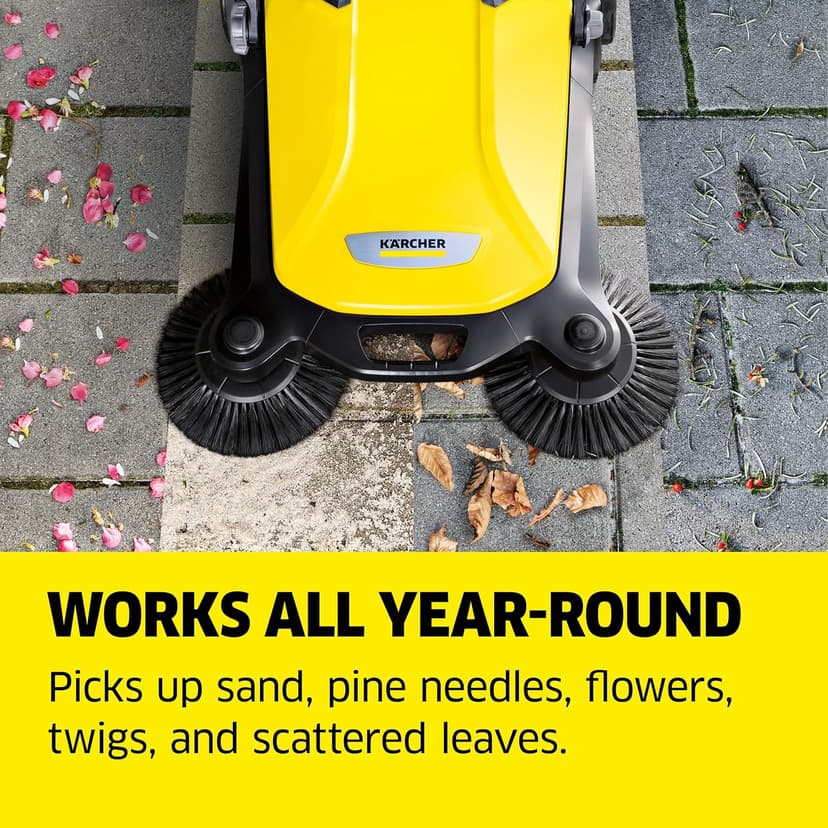 Kärcher Walk Behind Outdoor Push Sweeper S 4 Twin for Workshops, Warehouses or Garages - 5X Faster Than a Push Broom, 5.25 Gallon Capacity, 26.8" Sweeping Width