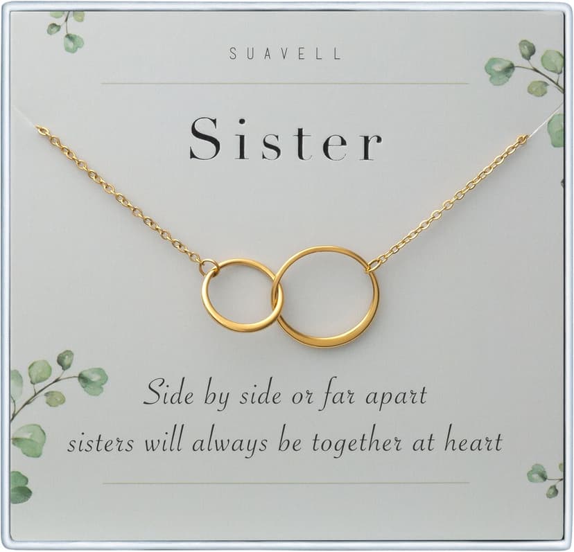 Suavell Sister Necklace - Sterling Silver Interlocking Double Circle Necklace - Birthday Gift for Sister - Maid of Honor Gift