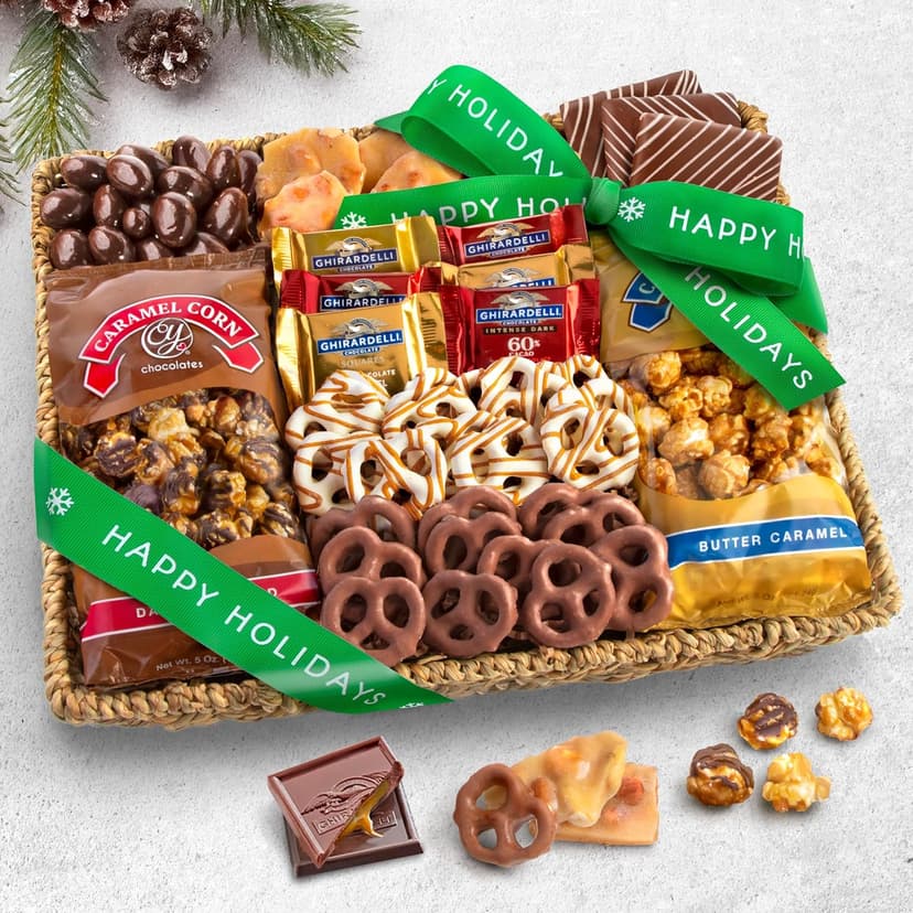 A Gift Inside Happy Holidays Chocolate Caramel and Crunch Grand Gift Basket