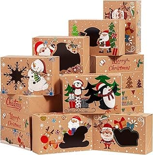 JOYIN 12PCS Christmas Cookie Boxes for Gift Giving, 8.75" x 5.75" x 2.75" Xmas Holiday Bakery Treat Boxes with Window, Kraft Cookie Tin Container Box for Baked Goods, Cupcake, Pastry, Candy, Doughnut