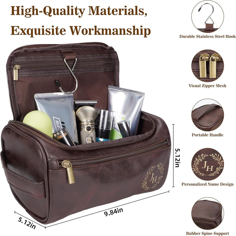 Personalized Leather Toiletry Bag for Men–Custom with Name & Initials,Perfect for Shaving and Travel Storage,Gift for Men– Anniversary, Birthday or Groomsmen Gifts - Brown
