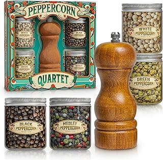 Gourmet Peppercorn Gift Set with Wooden Pepper Mill in Gift Box - 4 Variety (Green, Black, White, Medley). Unique Christmas Gifts for Dad Gifts Stocking Stuffers for Adults Mother Day Fathers Day