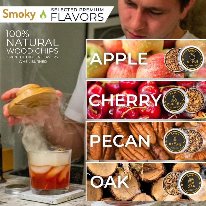 Whiskey Bourbon Smoker Kit 𝗣𝗥𝗘𝗠𝗜𝗨𝗠 Smoky bar Set. Natural American Solid Oak Smoker. A Great Home bar Gift, Easily Make The Legendary Smoked Cocktails and Old fashioneds at Home.