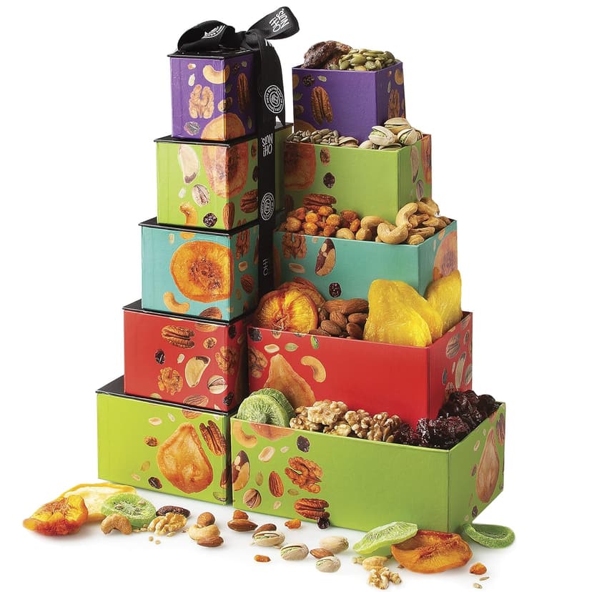 Oh! Nuts Dried Fruit and Nuts Gift Basket Tower with Black Ribbon Gift Basket, 5 Tier Gourmet Arrangement Platter, Healthy Kosher Snack Box for Birthday, Anniversary