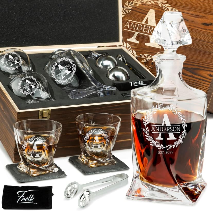 Personalized Whiskey Decanter and Stones Set - Customized Gift for Him - Men, Dad, Father - Engraved Twisted Decanter,2 Twisted Glasses, 2 XL Chilling Balls, Coasters, Tongs in Wooden Gift Box