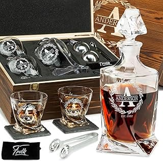 Personalized Whiskey Decanter and Stones Set - Customized Gift for Him - Men, Dad, Father - Engraved Twisted Decanter,2 Twisted Glasses, 2 XL Chilling Balls, Coasters, Tongs in Wooden Gift Box