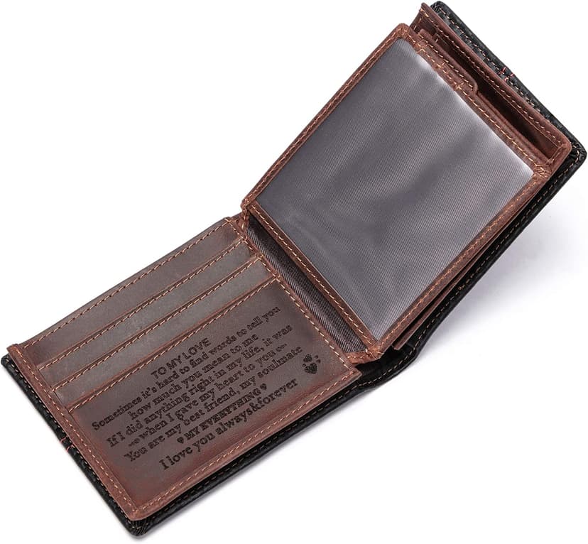 Personalized Engraved Leather Wallet for Boyfriend Husband from Wife Girlfriend - Christmas Anniversary Valentines Day Birthday Wedding - I Love You - Men Custom Bifold Wallets with Romantic Message