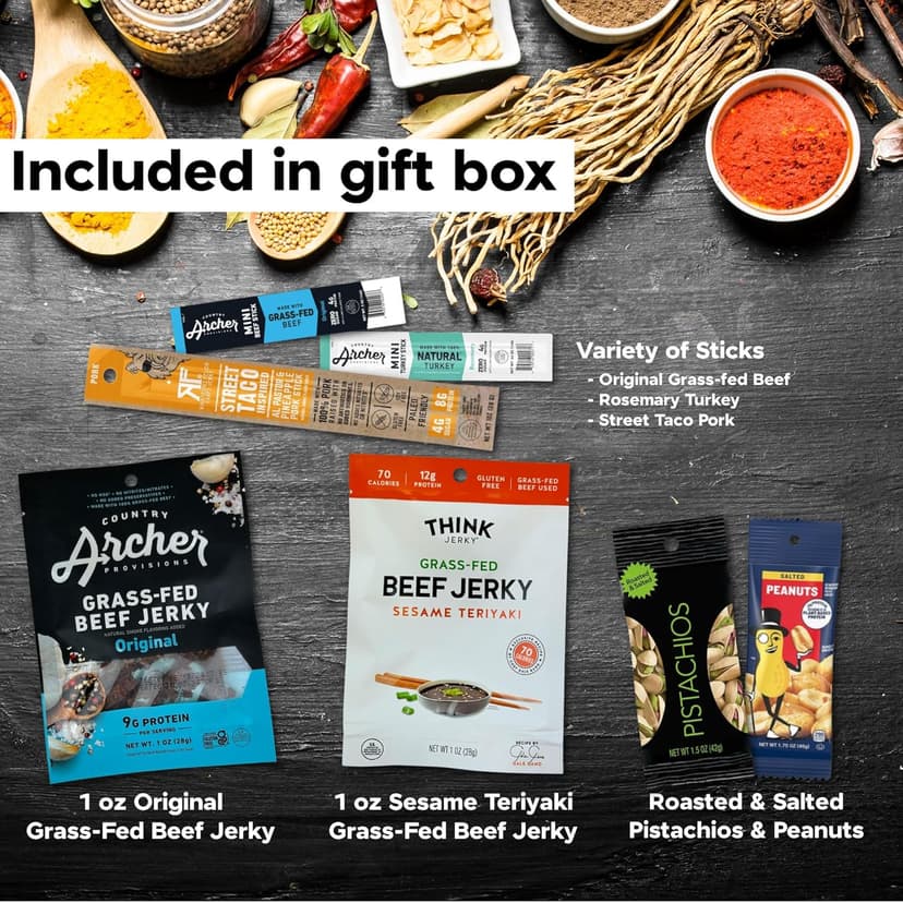 Manly Munch Box Jerky Gift Box, Curated Assortment of High Protein Snacks, Beef & Turkey Jerky Variety Pack Gift Set, Exotic Meat Gift for Men & Women