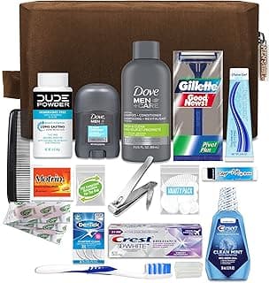 Convenience Kits International Men’s Premium 20-Piece Kit with Travel Size TSA Compliant Essentials, Featuring: Dove Men & Care Products in Brown Dopp Bag