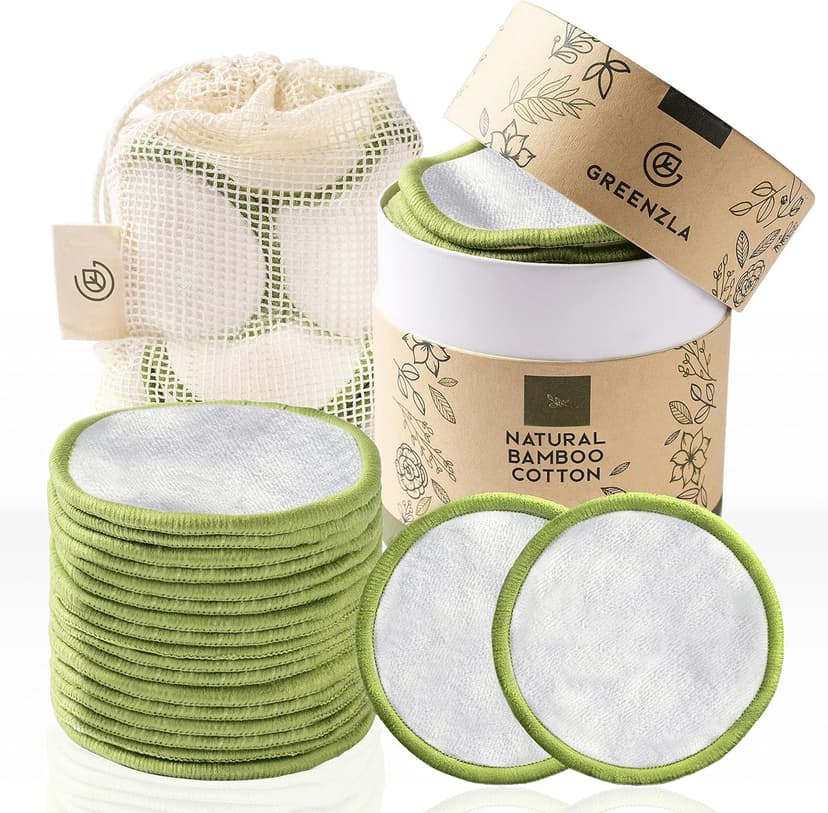 Greenzla Reusable Makeup Remover Pads (20 Pack) Washable Laundry Bag & Round Box for Storage, Reusable Bamboo Cotton Rounds for All Skin Types