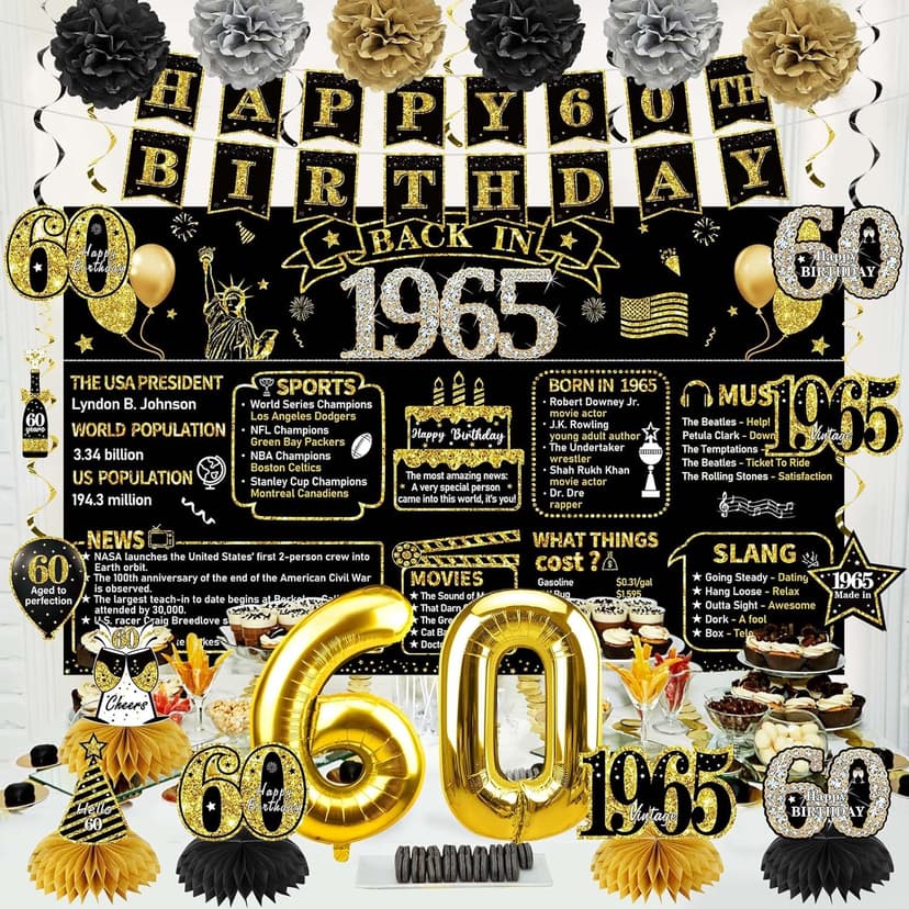 Zirtorei 60th Birthday Decorations for Men, 21pcs Vintage 1965 Banner Party Supplies, Black Gold 60 Year Old Birthday Backdrop, 60 Birthday Honeycomb Centerpiece Hanging Swirls Balloon Sash Gifts