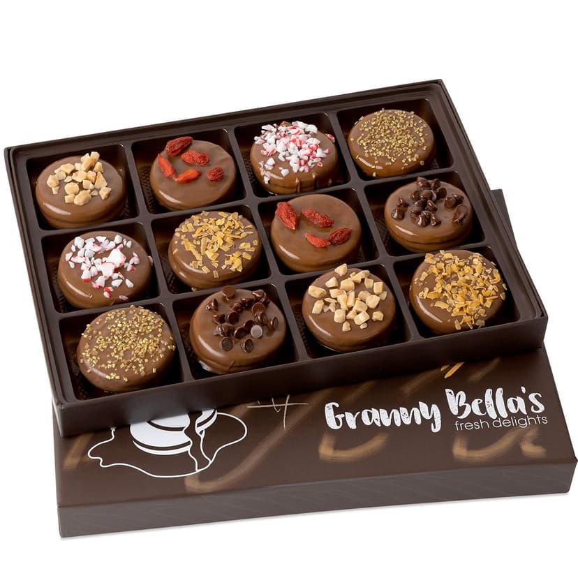 Granny Bellas Christmas Holiday Thanksgiving 12 Chocolate Covered Cookies, Gift Basket Gourmet Candy Gifts Box for Food Delivery, Hamper Stuffer Gifts for Mom, Family and Friends