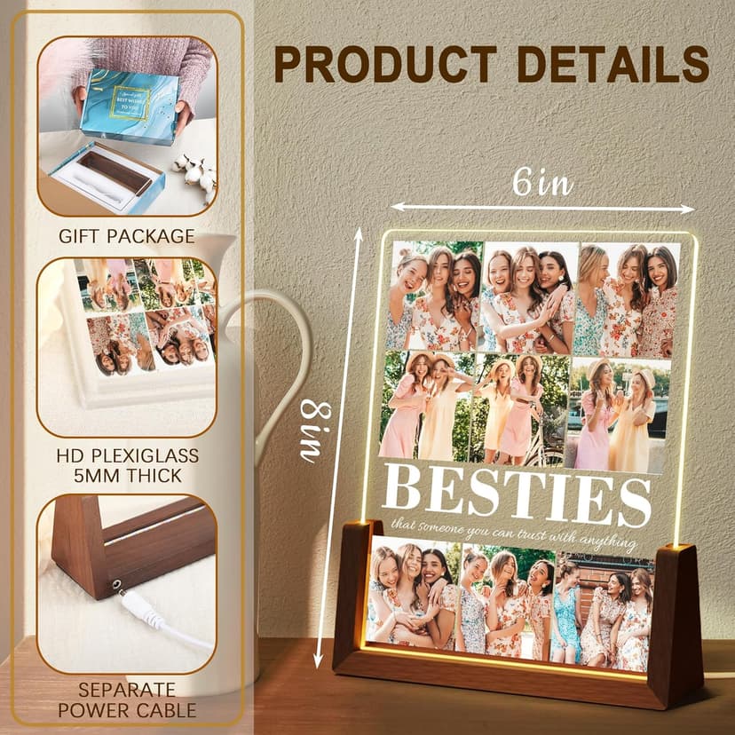 Personalized Best Friend Birthday Gifts for Women, Custom Acrylic Plaque Printed Walnut Picture Frame With LED Night Light, Personalized Christmas Gifts for Friendship, Friend, Women, Besties, BFF